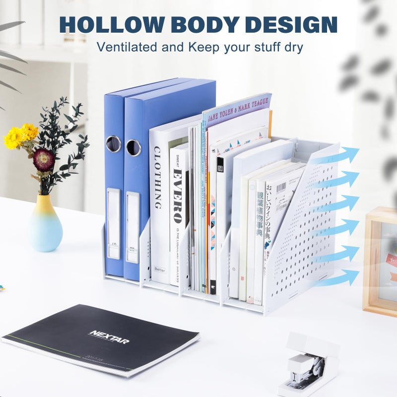 FRETONBA Collapsible Magazine File Holder with 4 Vertical Compartments Foldable Binder Holder for Desk Binder Storage Organizer Plastic Magazine Holders for Shelf, Light Gray - Image 3