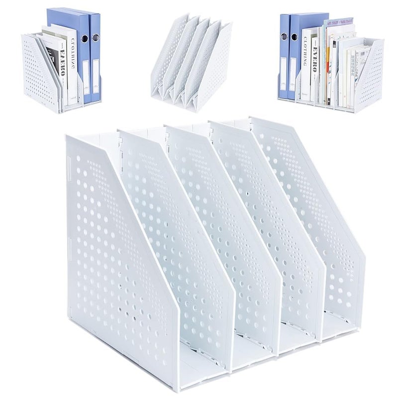 FRETONBA Collapsible Magazine File Holder with 4 Vertical Compartments Foldable Binder Holder for Desk Binder Storage Organizer Plastic Magazine Holders for Shelf, Light Gray - Image 1