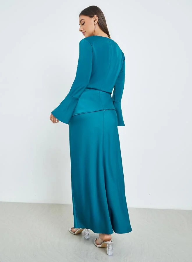 Styli  Blue Satin Bell Sleeves Maxi Dress for Women | Best Price UAE