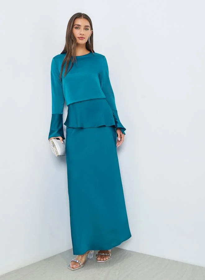 Blue Satin Bell Sleeves Maxi Dress