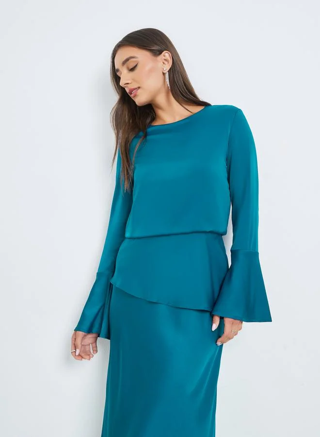 Styli  Blue Satin Bell Sleeves Maxi Dress for Women | Best Price UAE