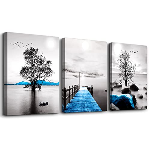 DZRWUBHS Framed Canvas Wall Art for Living Room, Bedroom, Office - Black and White Ocean Landscape Paintings - Modern Posters and Pictures for Bathroom Home Decor - 3 Piece Set - Image 1