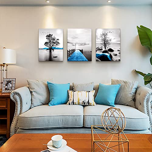DZRWUBHS Framed Canvas Wall Art for Living Room, Bedroom, Office - Black and White Ocean Landscape Paintings - Modern Posters and Pictures for Bathroom Home Decor - 3 Piece Set - Image 3