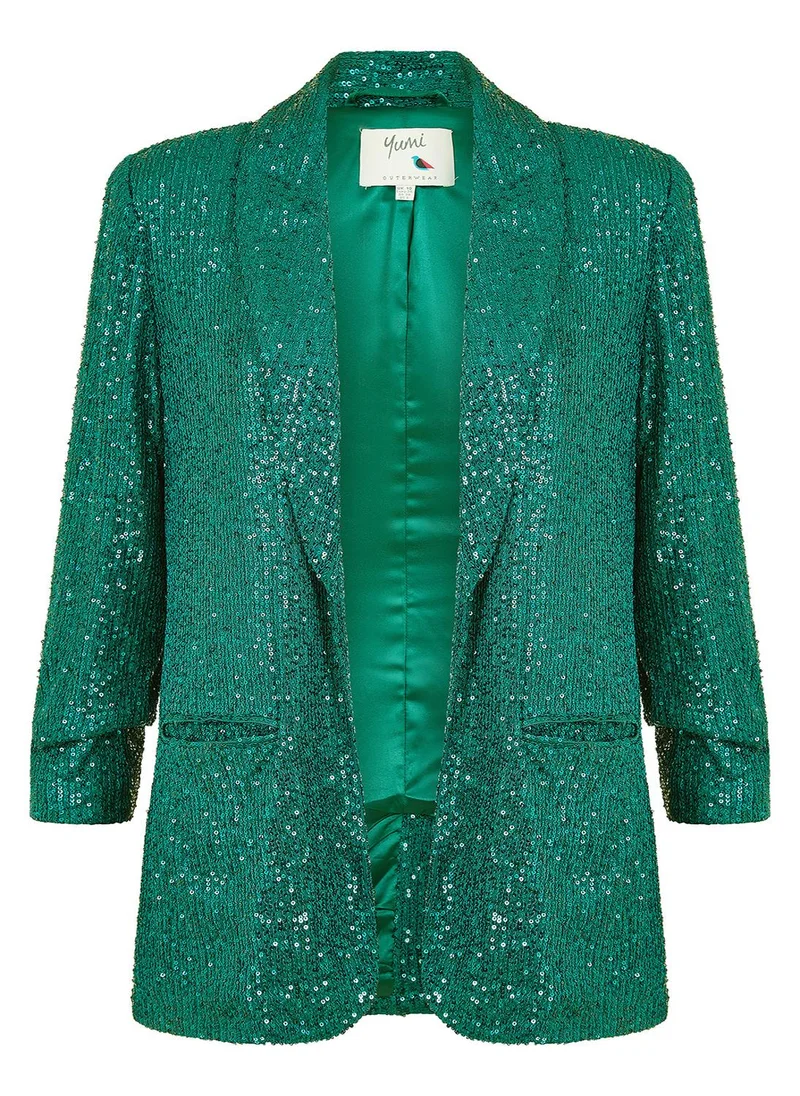 Yumi Bright Green Sequin Blazer With Pockets