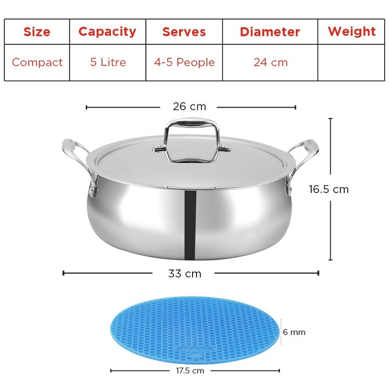 Vinod Platinum Chef’s Lagan Pot 24 cm - 5 Litre | Triply Stainless Steel Biryani Pot Heavy Bottom | Shallow Lagan Handi for Cooking Biryani | Healthy Triply Cookware, Induction Friendly, With Lid - Image 2
