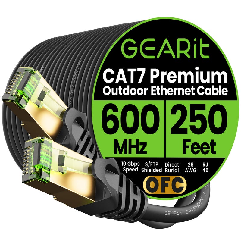GEARit Cat7 Outdoor Ethernet Cable (250ft) SFTP Shielded Foil Twisted Pair, Pure Copper, LLDPE, Waterproof, Direct Burial, In-Ground, UV Resistant, POE, Network, LAN, Internet, Cat 7-250 Feet - Image 1