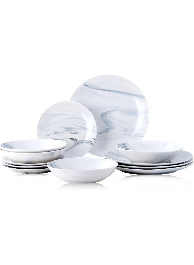 BEST ONE Bestone 12 Pieces Round Kitchen Dinnerware Sets Plates and Bowls sets Dishes Plates Bowls Dish Set Plates and Bowls Service for 4 Blue and White Marble - Image 1