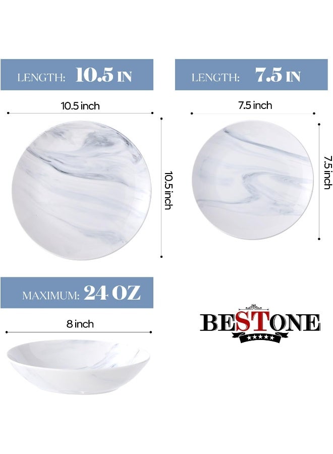 BEST ONE Bestone 12 Pieces Round Kitchen Dinnerware Sets Plates and Bowls sets Dishes Plates Bowls Dish Set Plates and Bowls Service for 4 Blue and White Marble - Image 2