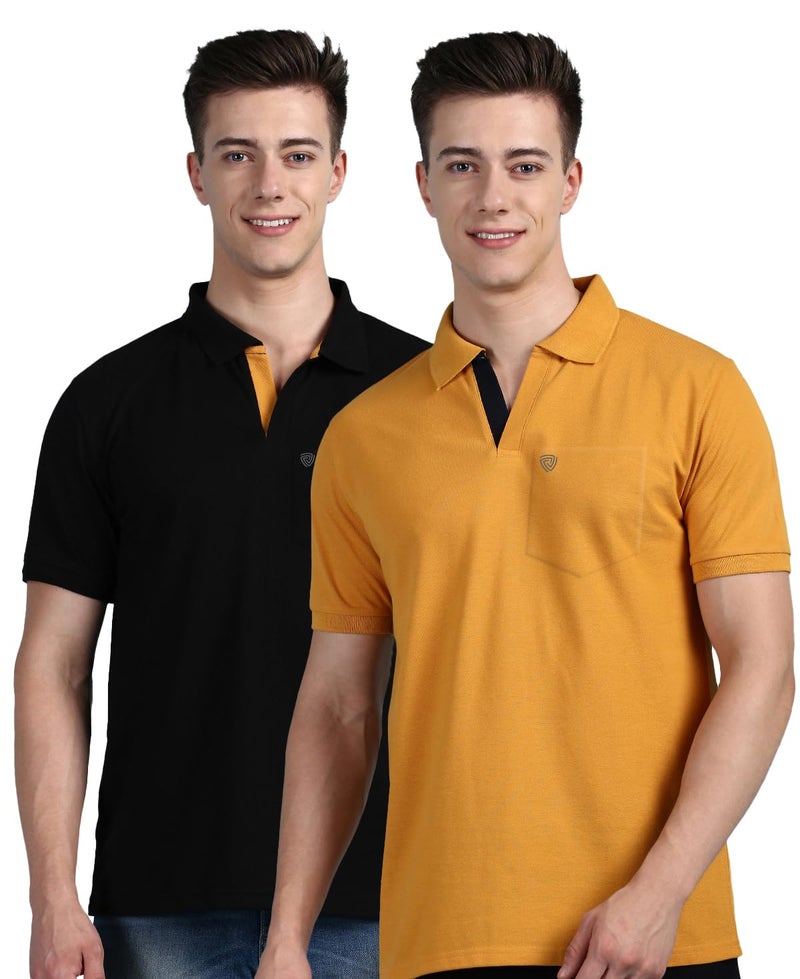 Lux Cozi Men's Regular Fit Polo Neck Half Sleeve Solid Casual T-Shirt with Chest Pocket for Casual Wear_COZI_2122_BLK_MST_2XL_2PC - Image 1