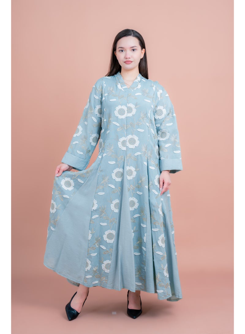 IKKXA Floral Embroidered Modern Jalabiya IK02 Green - Image 1