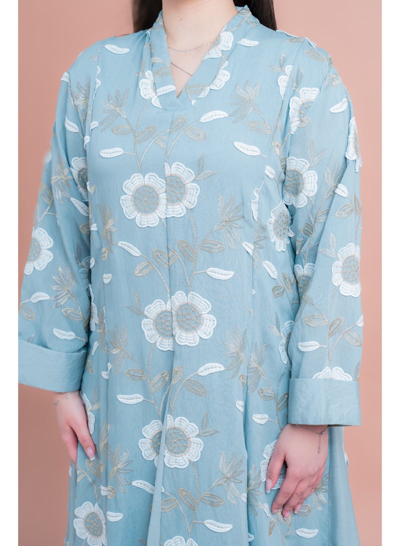 IKKXA Floral Embroidered Modern Jalabiya IK02 Green - Image 3