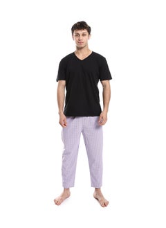 Andora Short Sleeve Checkered Pattern Pants Pajama Set _ Black & Purple  - Image 1