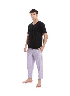 Andora Short Sleeve Checkered Pattern Pants Pajama Set _ Black & Purple  - Image 2