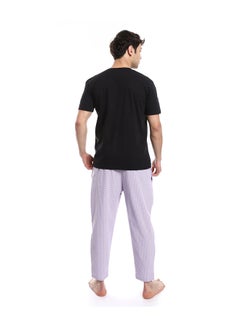 Andora Short Sleeve Checkered Pattern Pants Pajama Set _ Black & Purple  - Image 4