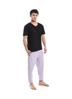 Andora Short Sleeve Checkered Pattern Pants Pajama Set _ Black & Purple  - Image 5