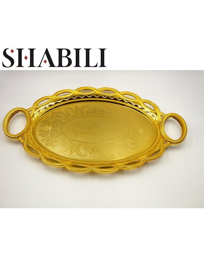 شبيلي صينية تقديم بمقابض، أطباق تقديم بيضاوية كبيرة من الذهب للعشاء والحفلات والترفيه (بلاستيك) - Image 1