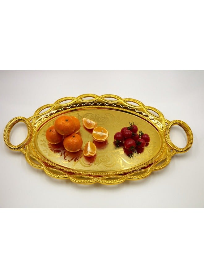 شبيلي صينية تقديم بمقابض، أطباق تقديم بيضاوية كبيرة من الذهب للعشاء والحفلات والترفيه (بلاستيك) - Image 2