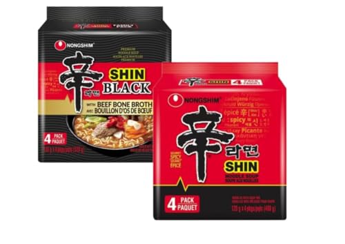 Nongshim [Shin Ramyun Combo 8packs] Shin Ramyun BLACK (4 packs)+Shin Ramyun Hot Spicy Noodle (4 packs)-(Made in USA) - Image 1