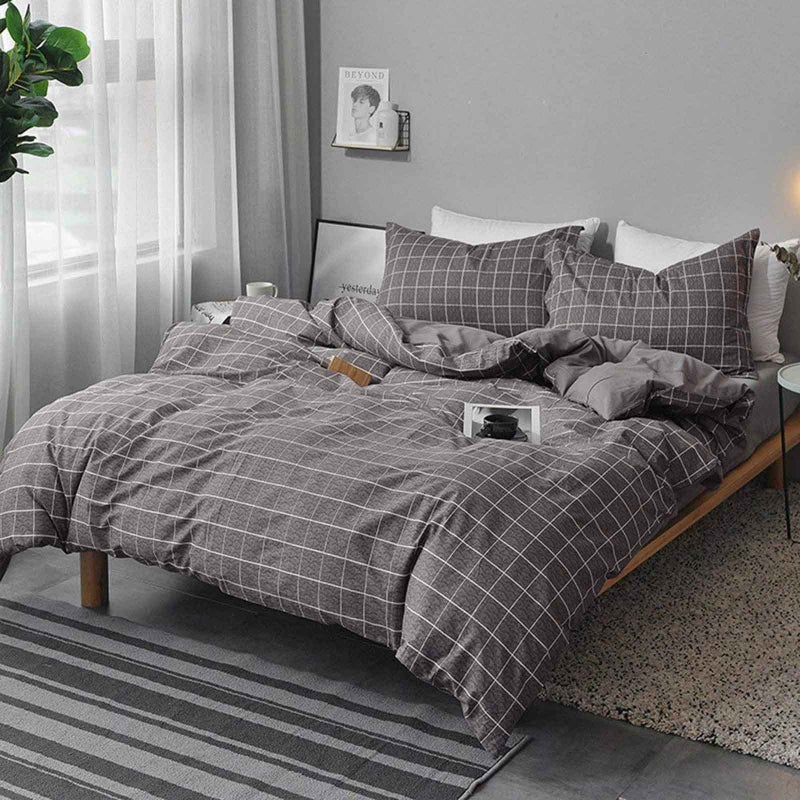 Nanko King Duvet Cover Set Grid, 104x90 Soft Bedding Cover, Luxury Lightweight Microfiber 3pc Set (1 Cover 2 Pillowcase) with Zip, Tie - Modern Style Bed Quilt Bed Cover for Men Women, Gray Plaid - Image 2