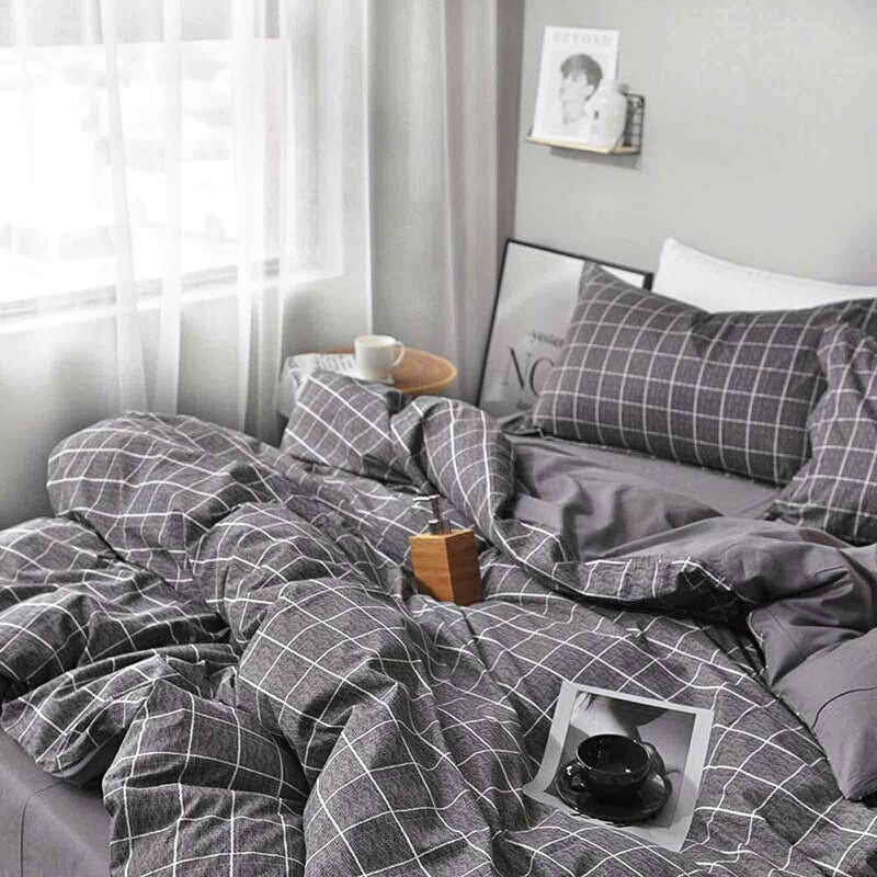 Nanko King Duvet Cover Set Grid, 104x90 Soft Bedding Cover, Luxury Lightweight Microfiber 3pc Set (1 Cover 2 Pillowcase) with Zip, Tie - Modern Style Bed Quilt Bed Cover for Men Women, Gray Plaid - Image 3