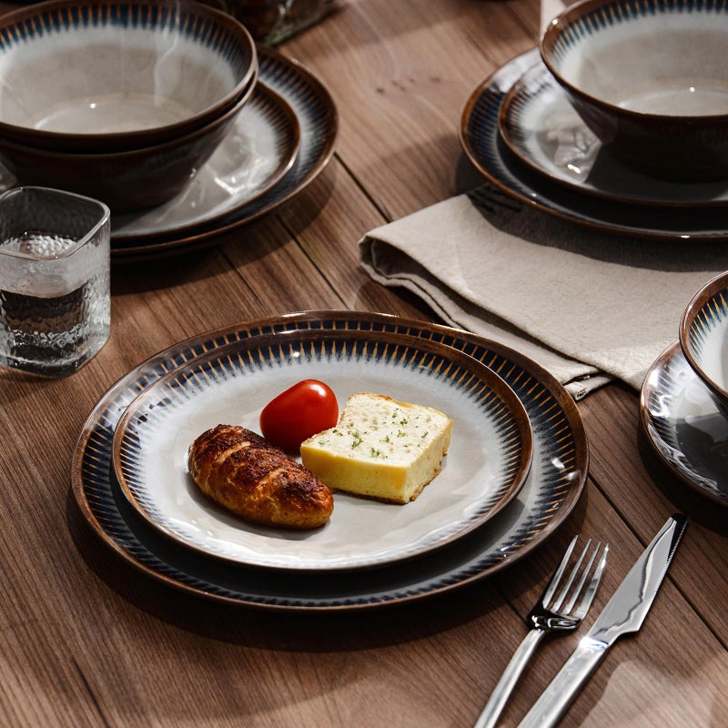 Gufaith Melamine Dinnerware Set, 12 Pcs Dishware Sets, Plate and Bowl Set Service for 4, Lightweight and Unbreakable Dinnerware Sets for Camping, Great for RV, Dishwasher Safe, Sahara Beige and Blue - Image 3