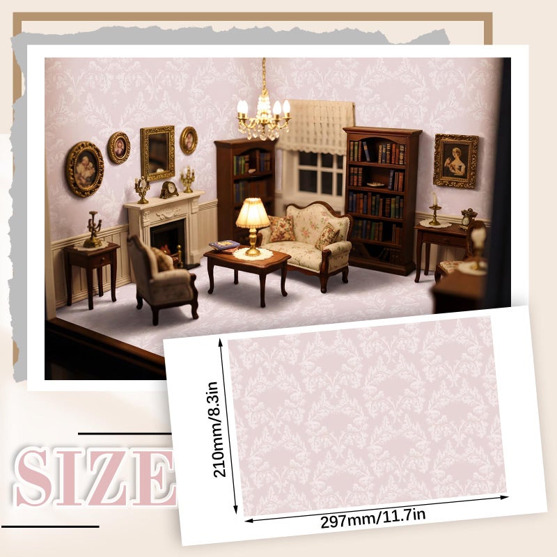 Flutesan 12 Pcs Miniature Dollhouse Wallpaper and Flooring Peel and Stick Mini DIY Self Adhesive Dollhouse Accessories 8.27 x 11.69 Inch (Vintage Pink) - Image 2