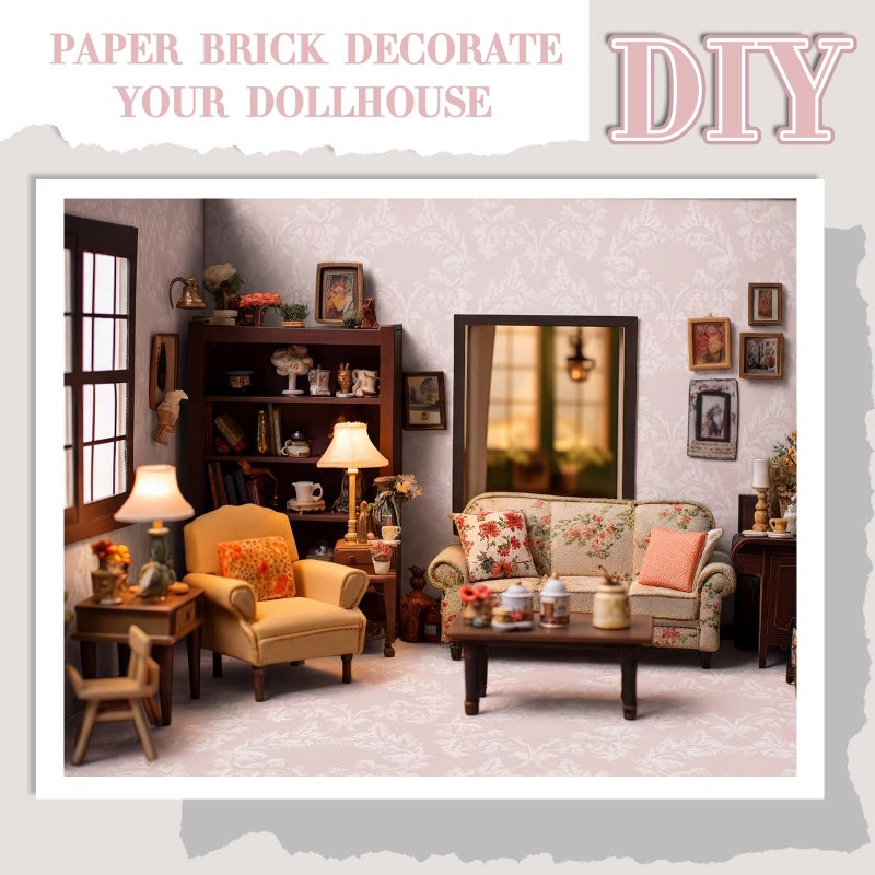 Flutesan 12 Pcs Miniature Dollhouse Wallpaper and Flooring Peel and Stick Mini DIY Self Adhesive Dollhouse Accessories 8.27 x 11.69 Inch (Vintage Pink) - Image 3