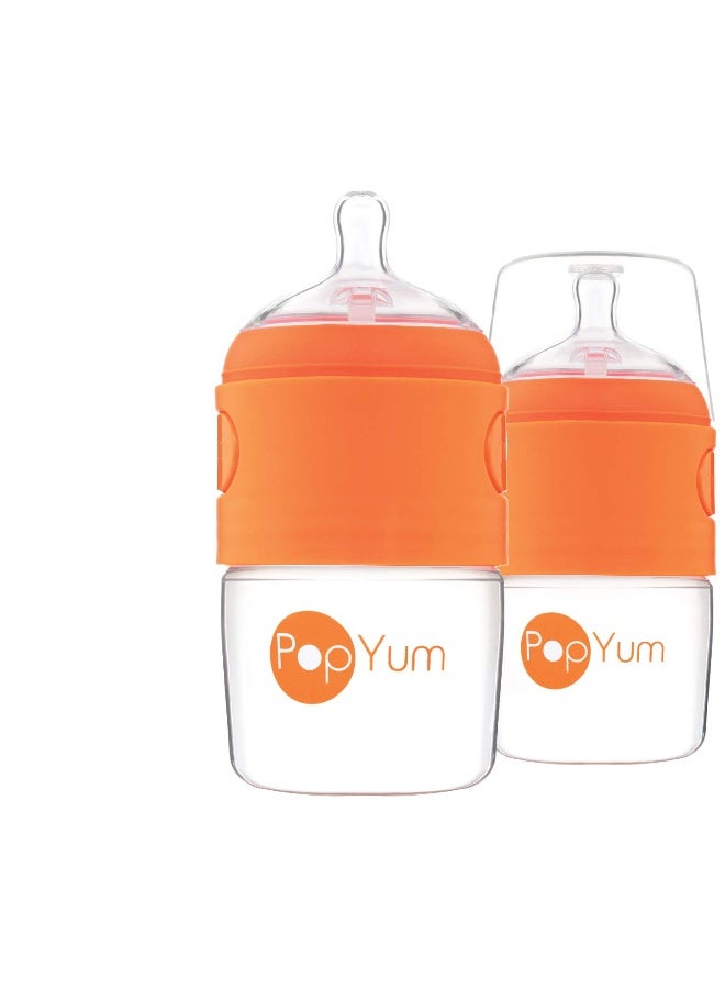PopYum زجاجات حليب الأطفال PopYum بسعة 5 أونصات برتقالية مضادة للمغص، عبوة من 2 مع حلمات تدفق بطيء رقم 1، 150 مل، خالية من BPA، قفل طبيعي - Image 1