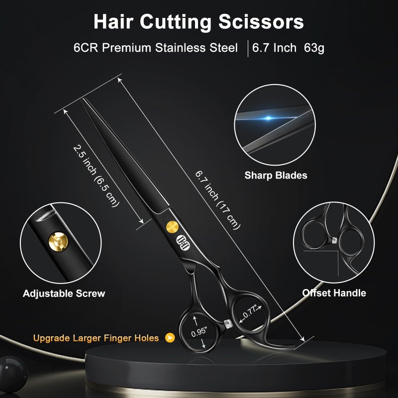CIICII Hair Cutting Scissors Shears Kit, Professional Barber Haircut Scissors Set (6.7 Inch Hair Beard Hairdressing Trimming Haircutting Thinning Shears) for Men Women Hairdresser Home Salon (Black) - Image 2