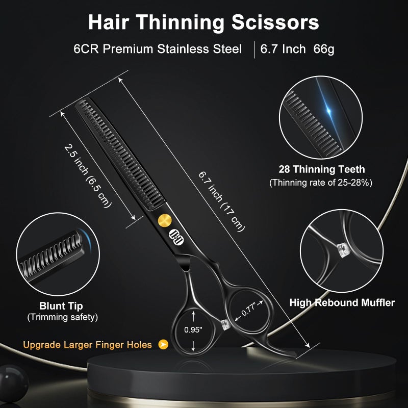 CIICII Hair Cutting Scissors Shears Kit, Professional Barber Haircut Scissors Set (6.7 Inch Hair Beard Hairdressing Trimming Haircutting Thinning Shears) for Men Women Hairdresser Home Salon (Black) - Image 3