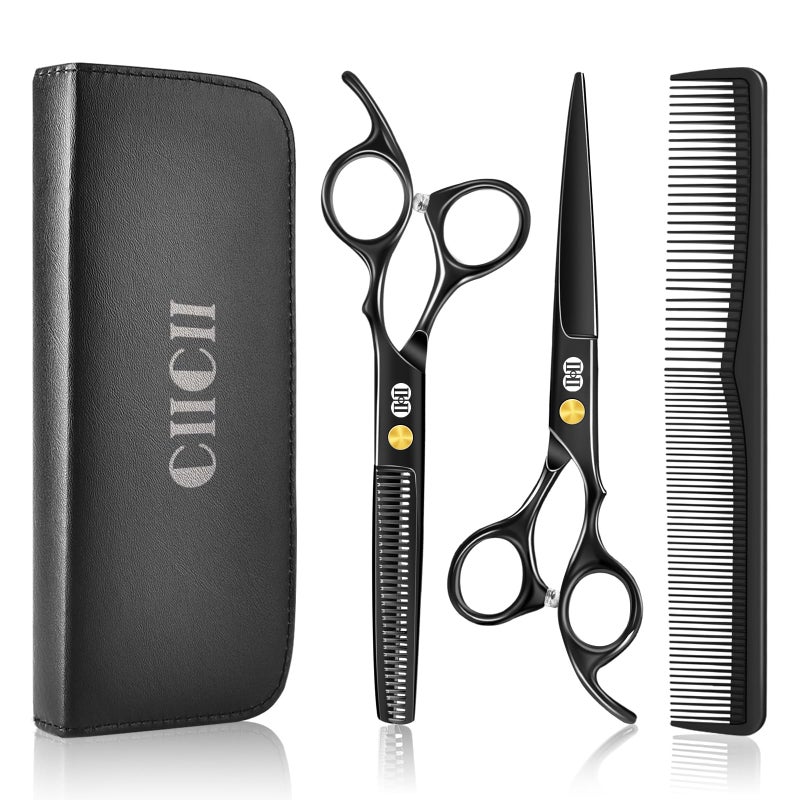 CIICII Hair Cutting Scissors Shears Kit, Professional Barber Haircut Scissors Set (6.7 Inch Hair Beard Hairdressing Trimming Haircutting Thinning Shears) for Men Women Hairdresser Home Salon (Black) - Image 1