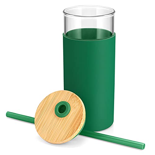 Tronco 20 oz Glass Tumbler with Lid and Straw, Iced Coffee Cup and Smoothie Cup with Bamboo Lids & Protective Silicone Sleeve, Dishwasher Safe, BPA-Free, Glass Cup 1 Pack - Image 2
