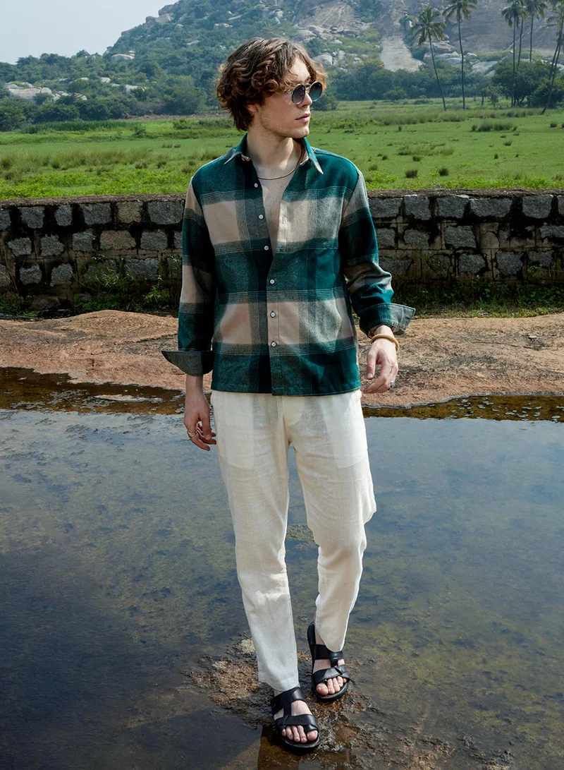 Campus Sutra Campus Sutra Men's Emerald Green & Buff Beige Vignette-Checkered Oversized Shirt For Casual Wear | Spread Collar | Long Sleeve | Button Closure | Oversized Shirt Crafted With Comfort Fit For Everyday Wear