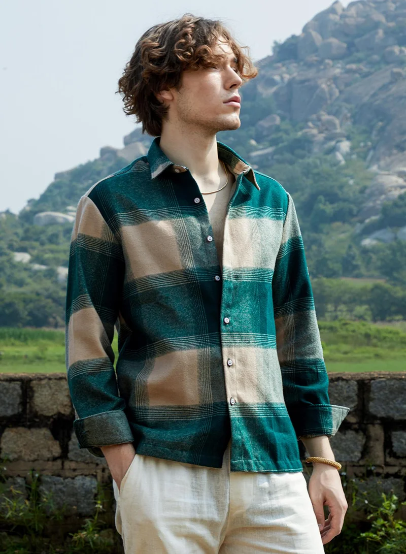 Campus Sutra Campus Sutra Men's Emerald Green & Buff Beige Vignette-Checkered Oversized Shirt For Casual Wear | Spread Collar | Long Sleeve | Button Closure | Oversized Shirt Crafted With Comfort Fit For Everyday Wear