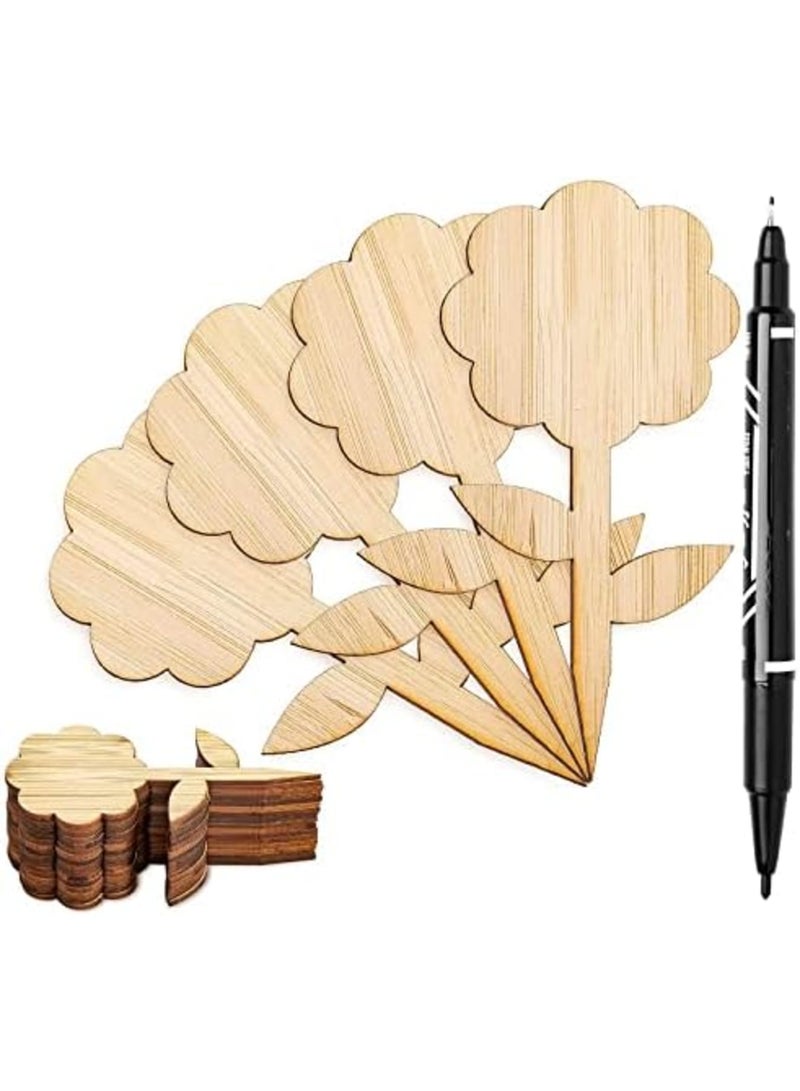 SYOSI 60Pcs Flower-Shaped Bamboo Plant Labels with Marker Pen - Eco-Friendly Wooden Garden Markers for Herbs, Vegetables, Potted Plants & DIY Gardening Projects (5x10cm) - Image 1