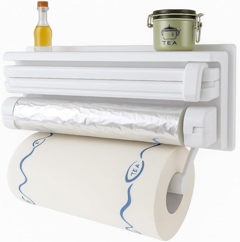 Kitchen Roll Holder Wall Mounted Tissue Holder Kitchen With Foil Dispenser And Storage Rack For Paper Towels Plastic Wrap And Foil No Drill Kitchen Organizer Shelf