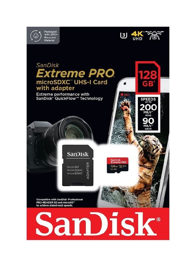 سانديسك بطاقة ذاكرة Extreme Pro MicroSDXC UHS-I بسعة 128 جيجابايت، سرعة قراءة 200 ميجابايت/ثانية، سرعة كتابة 90 ميجابايت/ثانية مع محول - Image 3