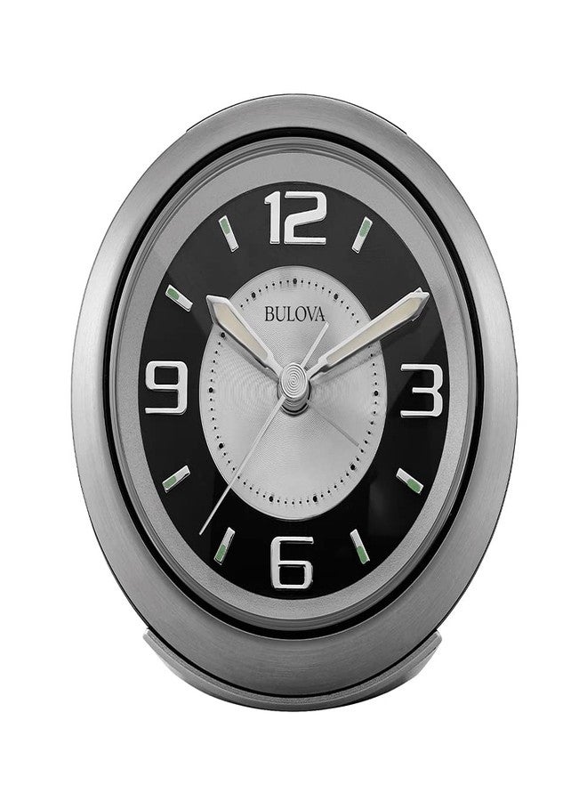 Bulova - 3.75" W x 3.75" H B5027 Lite Night Alarm Clock | Brushed Silver-Tone Case | Illuminated Dial | Luminous Hands | Quiet Sweep | Snooze Function - Image 1