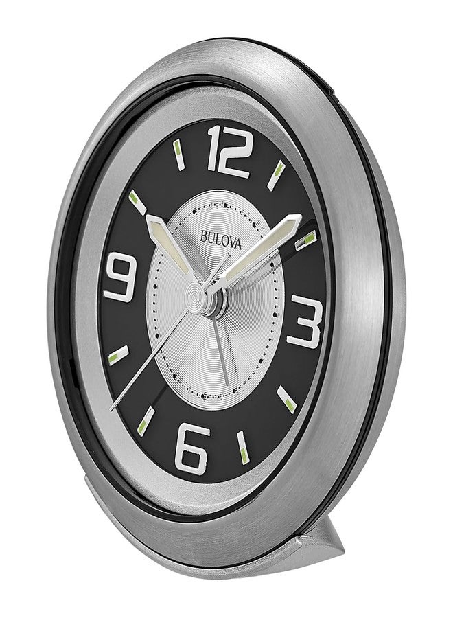 Bulova - 3.75" W x 3.75" H B5027 Lite Night Alarm Clock | Brushed Silver-Tone Case | Illuminated Dial | Luminous Hands | Quiet Sweep | Snooze Function - Image 3