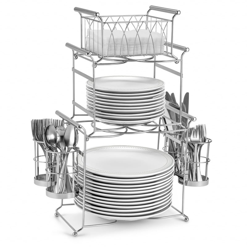 Sorbus Buffet Caddy â€” 7-Piece Stackable Set Includes Plate, Napkin, and Silverware Holder, 3-Tier Detachable Tabletop Organizer Ideal for Kitchen, Dining, Entertaining, Parties, Thanksgiving (Silver) - Image 1