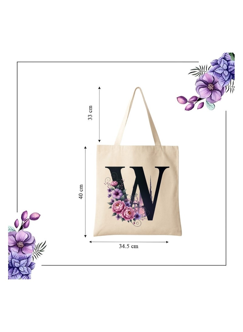 برينت شوب فور مي حقيبة تسوق صديقة للبيئة بنقشة أحرف أولية - حقيبة تسوق قماشية بطبعة زهور وأفق دبي | هدية قابلة لإعادة الاستخدام لإشبينة العروس، هدايا زفاف، حقيبة حمل يومية - Image 3