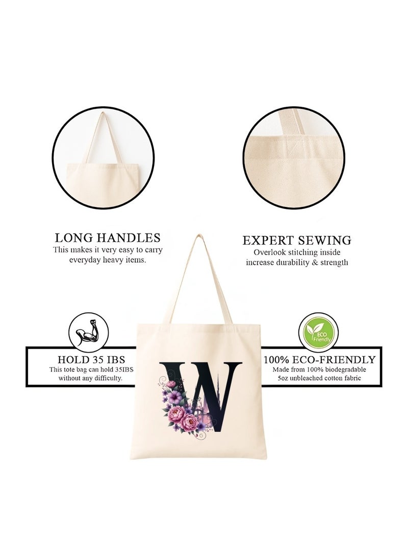 برينت شوب فور مي حقيبة تسوق صديقة للبيئة بنقشة أحرف أولية - حقيبة تسوق قماشية بطبعة زهور وأفق دبي | هدية قابلة لإعادة الاستخدام لإشبينة العروس، هدايا زفاف، حقيبة حمل يومية - Image 4