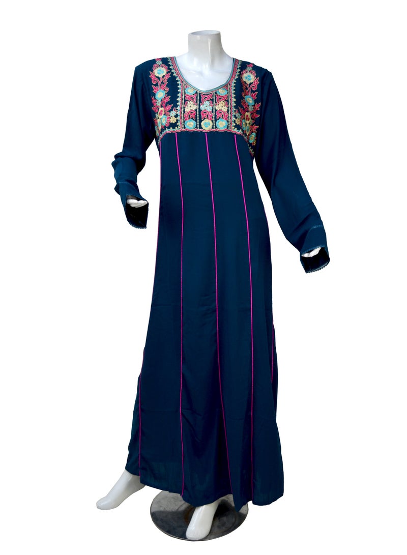 زينة فستان ماكسي نسائي من القطن الناعم الممتاز - تطريز أنيق عند الصدر - أكمام طويلة بياقة دائرية مغلقة - Image 1