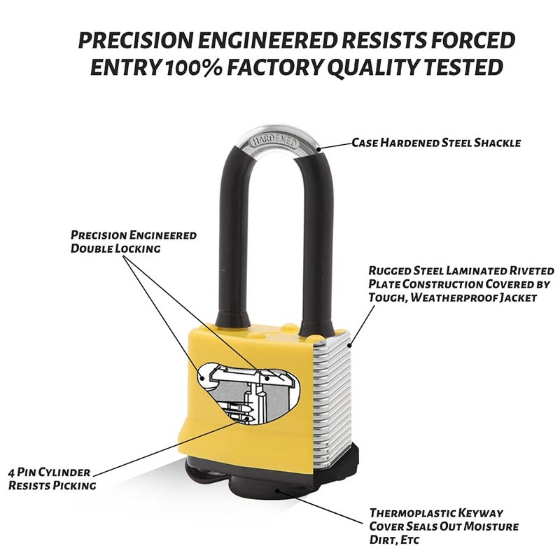 CINCINNO 4 Pack Heavy Duty Covered Laminated Steel Padlocks Keyed Alike, Weatherproof Padlocks with 1-9/16 in. Wide Body, Long Shackle for Gate, Shed, Storage Locker Lock - Image 3