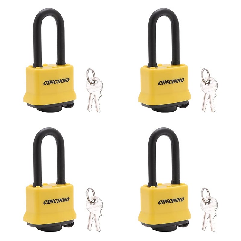 CINCINNO 4 Pack Heavy Duty Covered Laminated Steel Padlocks Keyed Alike, Weatherproof Padlocks with 1-9/16 in. Wide Body, Long Shackle for Gate, Shed, Storage Locker Lock - Image 1
