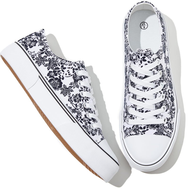 Adokoo Canvas Tennis Shoes for Women Low Top Casual White Beige Flower Sneakers for Women Lace Up Fashion Comfortable Walking Shoes (Beige Flower,8) - Image 1