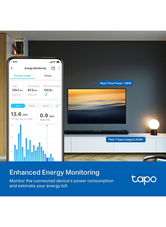 Tapo TP-Link P110 Mini 16A Smart Wi-Fi Plug, Energy Monitoring | Controller for Household Appliances Compatible with Alexa, Google Home | Improved Power Safety | Away Mode | 4-Way Safety Protection
