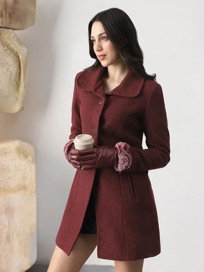 globus Globus Women Burgundy Self Design Peter Pan Collar Long Sleeve Hip Length Tailored Fit Overcoat