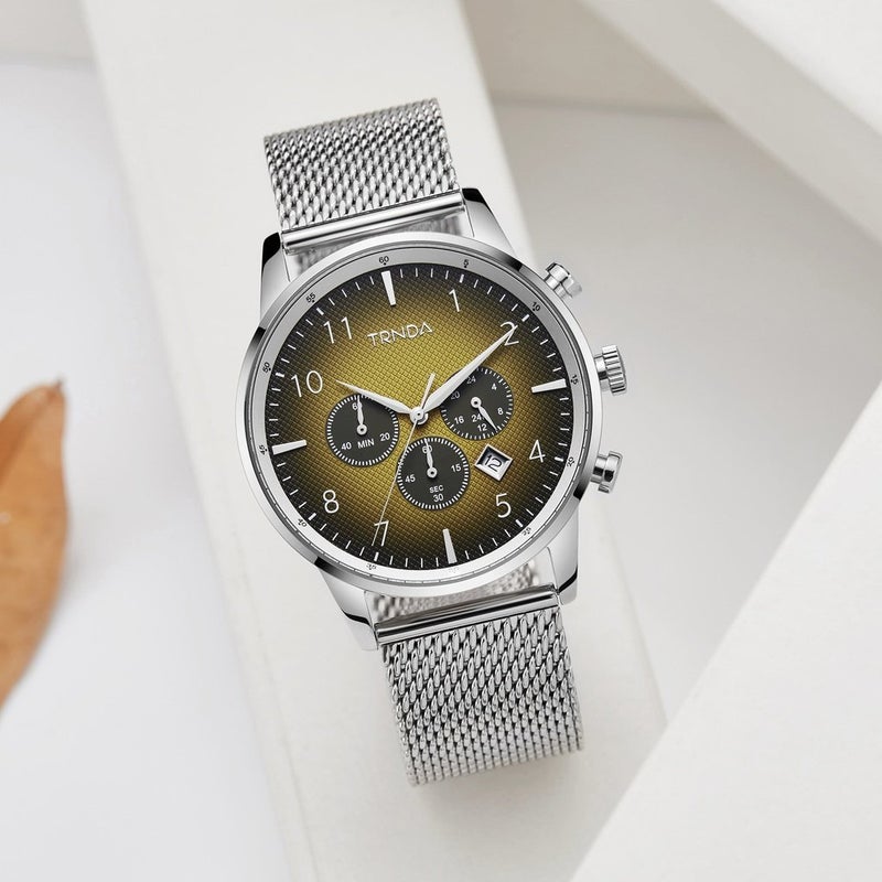 ترندا ساعة رجال ستانلس ستيل من TRNDA - مينا بُنّي  أنيقة وسوار شبكي فضي - Image 3