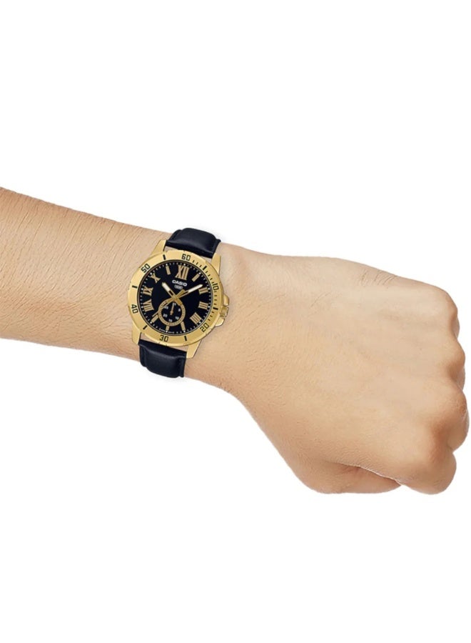 كاسيو ساعة كاسيو رجالية مطلية باللون الذهبي MTP-VD200GL-1BUDF – ميناء أسود مع إطار دوّار وسوار جلدي وعرض للتاريخ ومقاومة للماء - Image 5